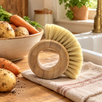 Harvest Ring Vegetable Brush story: Harvest brush beside potatoes and carrots in a warm kitchen