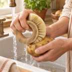 Harvest Ring Vegetable Brush use: A hand guiding Harvest bristles against a potato over a kitchen sink