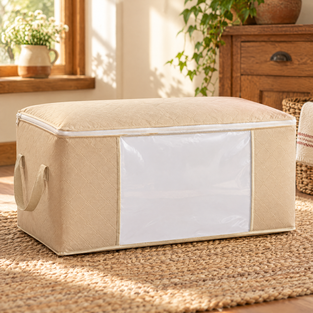 Haven Blanket Storage Bag detail: Haven top zip, beige fabric and front viewing panel