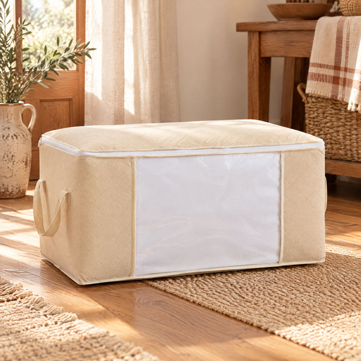 Haven Blanket Storage Bag hero: Haven beige horizontal bedding bag with clear front window