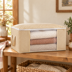 Haven Blanket Storage Bag story: Haven bag on a linen shelf with folded bedding visible