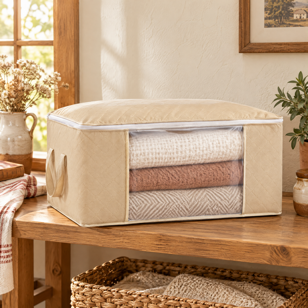 Haven Blanket Storage Bag story: Haven bag on a linen shelf with folded bedding visible