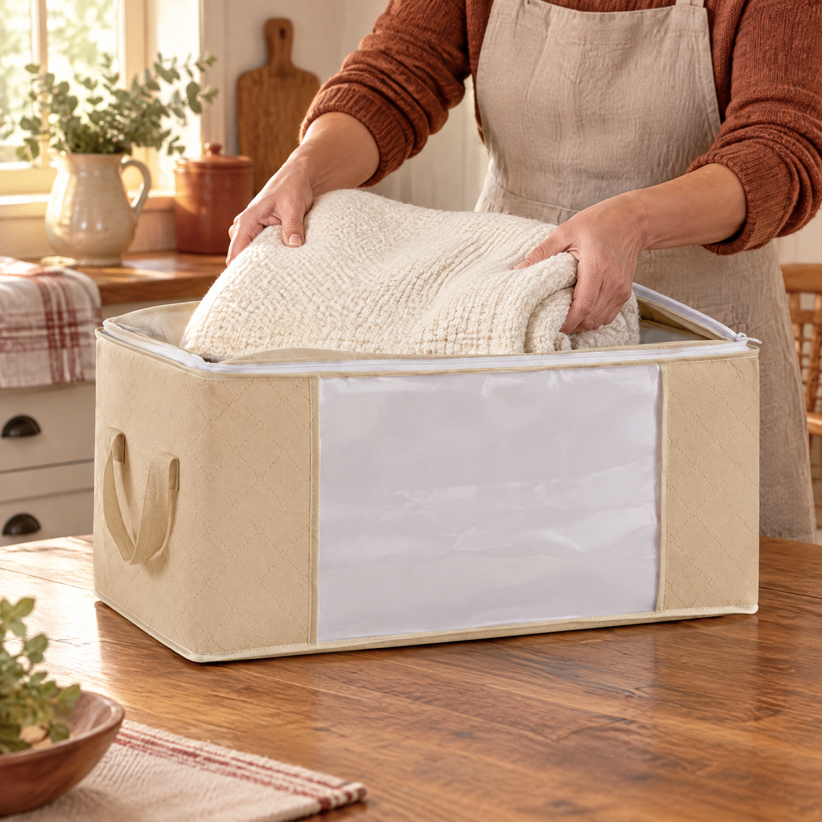 Haven Blanket Storage Bag use: A blanket placed gently inside one Haven storage bag