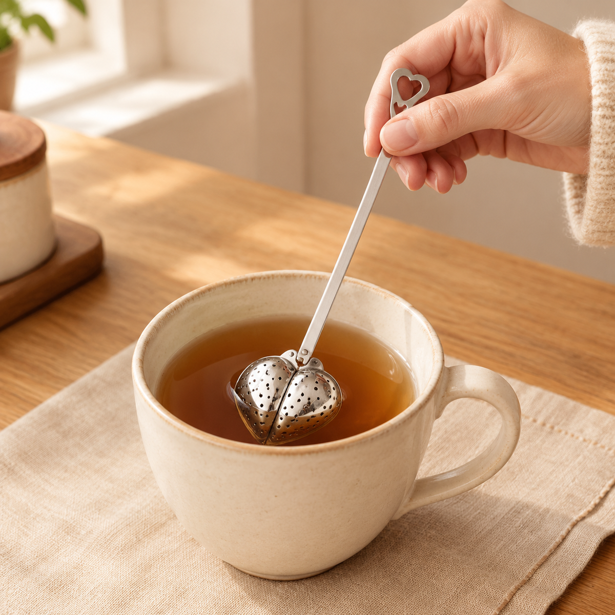 Heart Loose-Leaf Tea Infuser use: Heart Loose-Leaf Tea Infuser: steeping suitable loose leaves in a cup