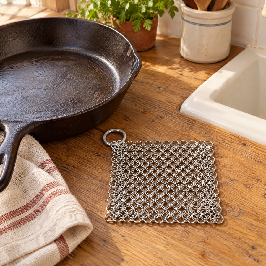 Hearth chainmail cleaner beside a cast-iron pan