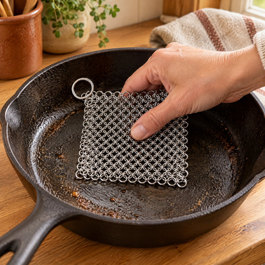 A hand guiding Hearth linked mesh inside an uncoated cast-iron pan