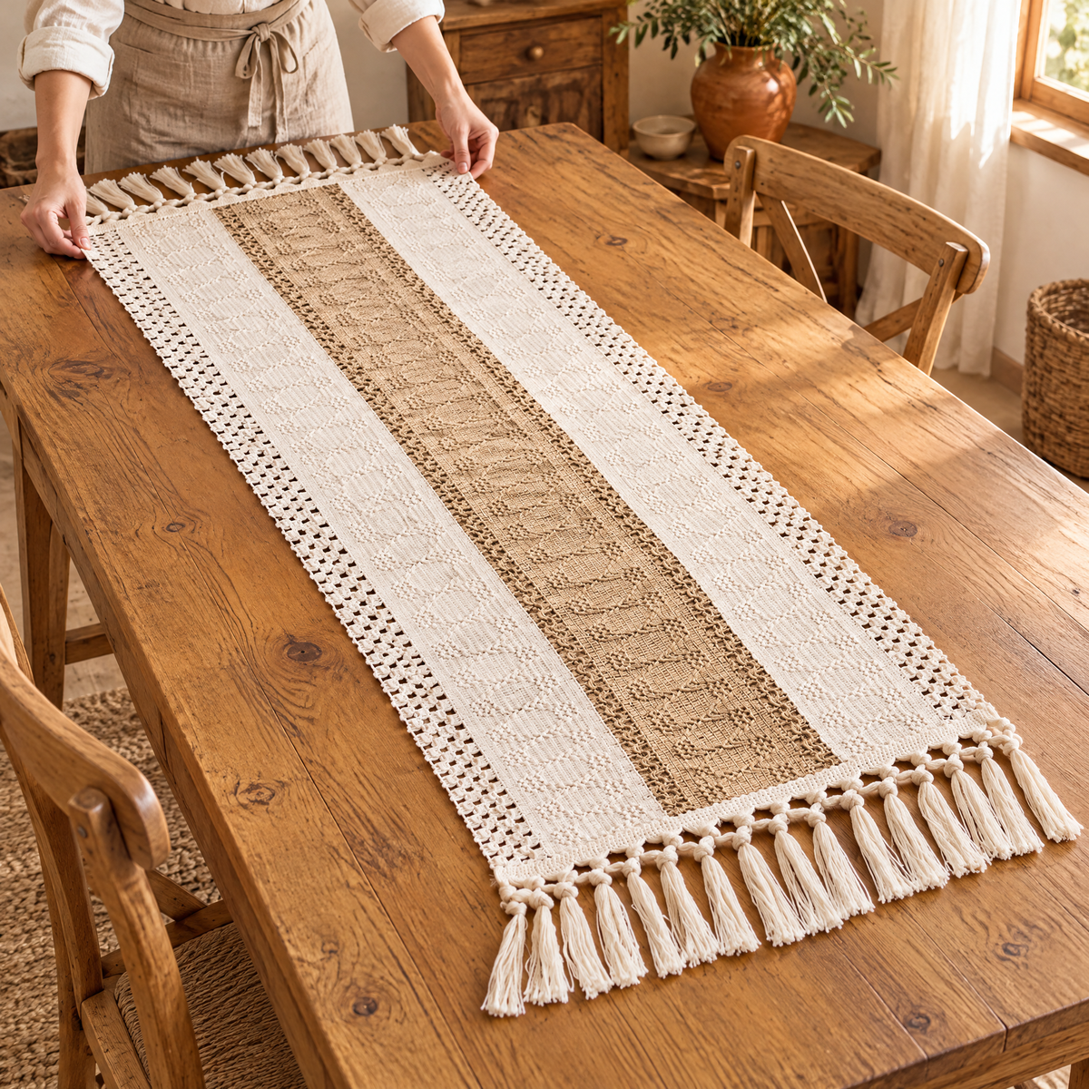 Hearthside Striped Runner use: Straightening Hearthside before the plates arrive