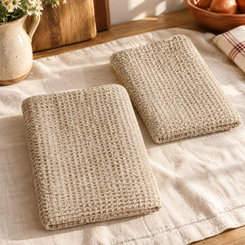 Honey Waffle Tea Towel Pair detail: The waffle texture and simple edges of two Honey towels