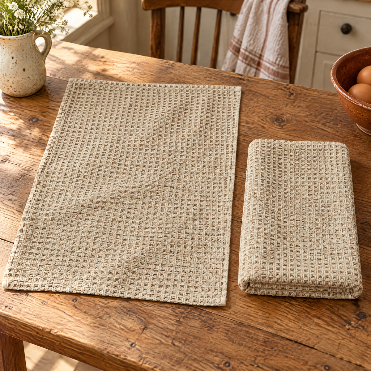Honey Waffle Tea Towel Pair hero: Two Honey beige waffle tea towels