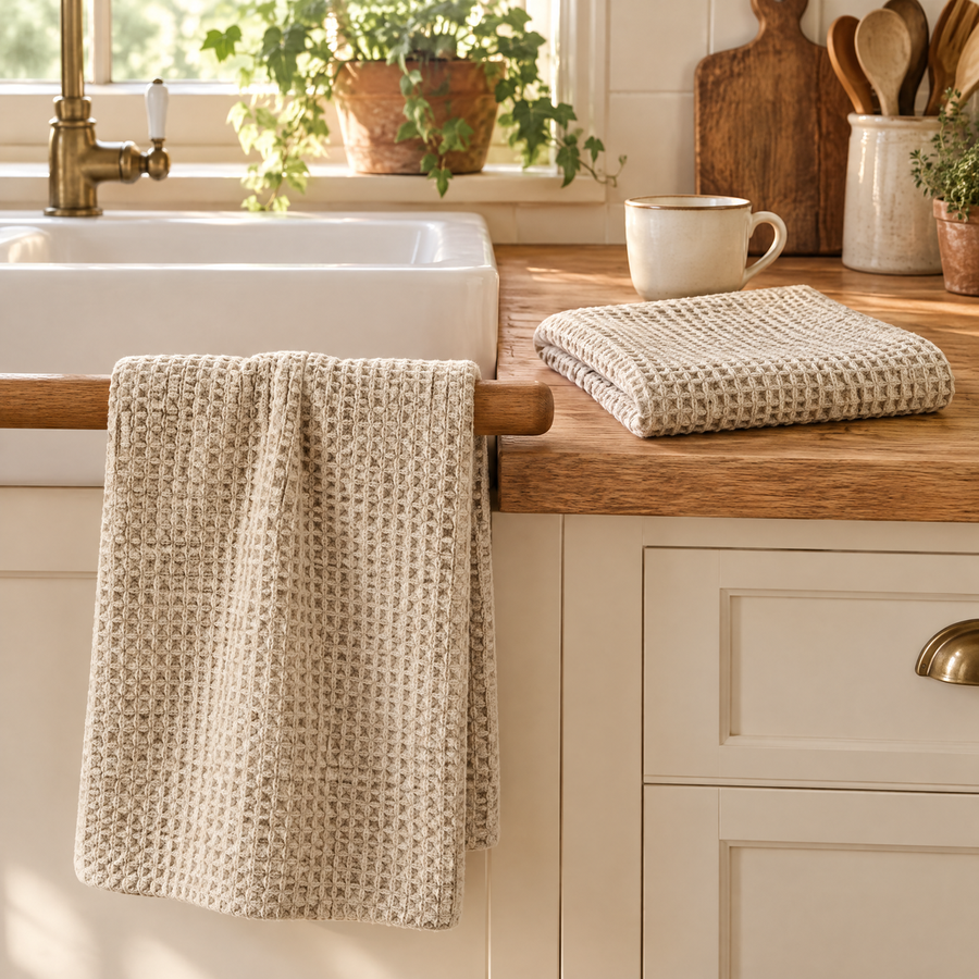 Honey towel pair beside a warm kitchen sink