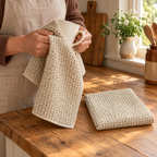 Honey Waffle Tea Towel Pair use: One Honey towel drying a cup, with its companion nearby