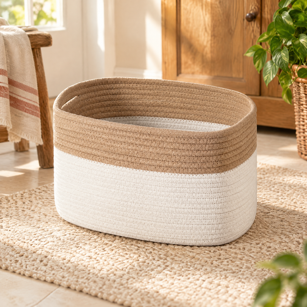 Huddle Coiled Basket hero: Huddle’s exact tan-and-white open basket
