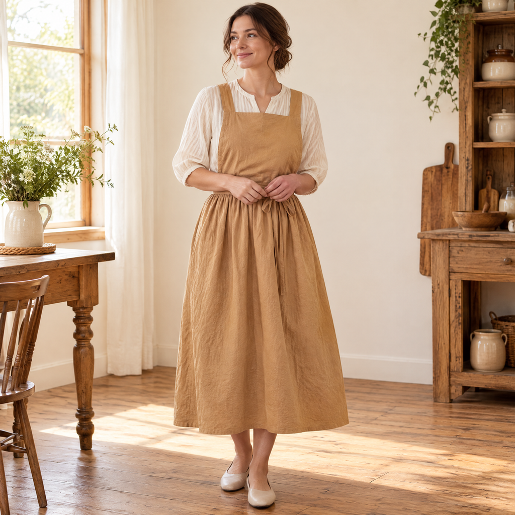 June Pinafore Apron hero: June’s complete toffee bib and gathered long skirt