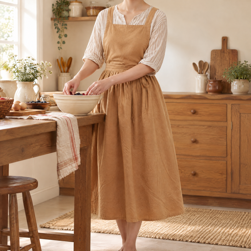 June Pinafore Apron use: Everyday preparation in June’s plain toffee pinafore