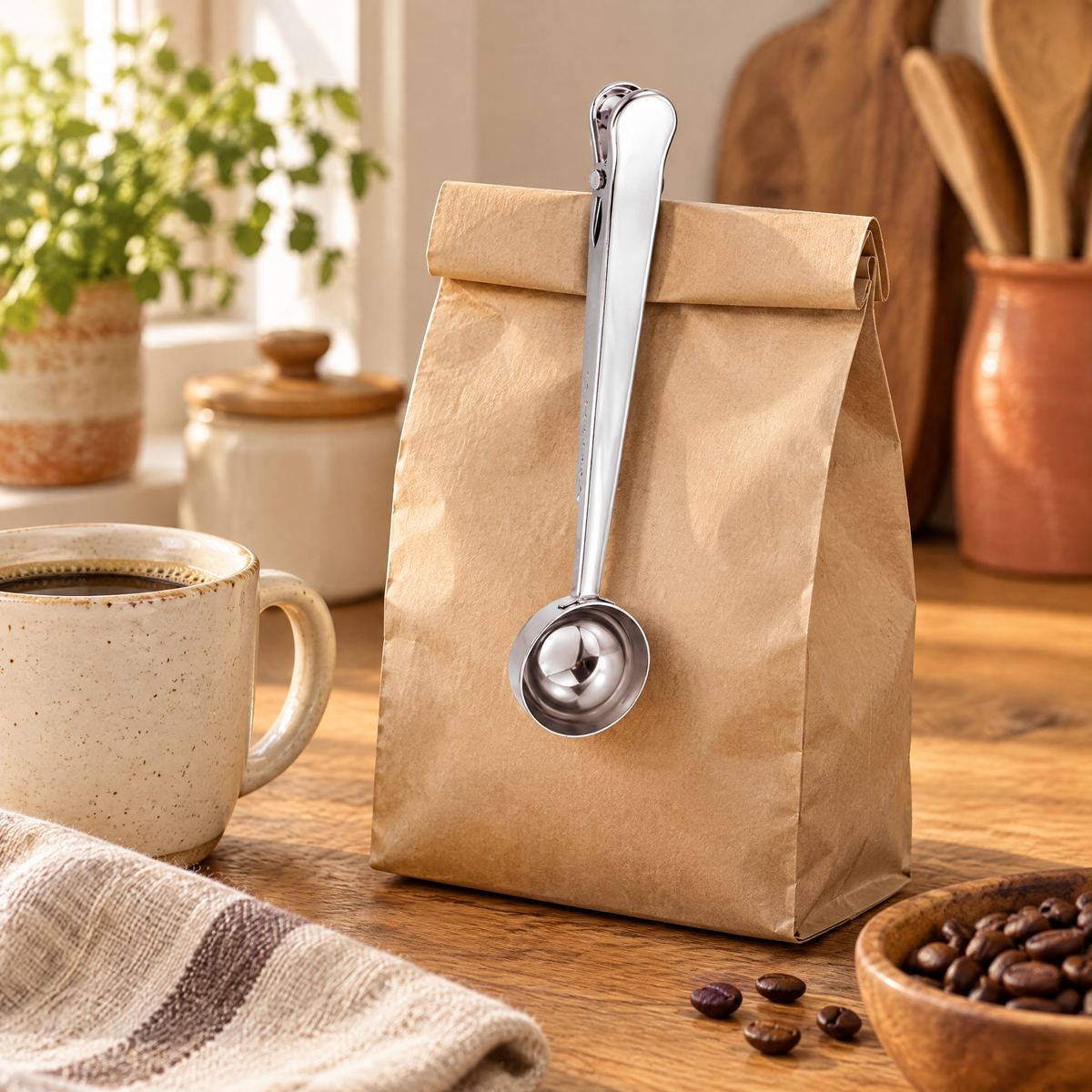 Keep Coffee Scoop & Bag Clip story: Keep Coffee Scoop & Bag Clip: the scoop beside its coffee bag