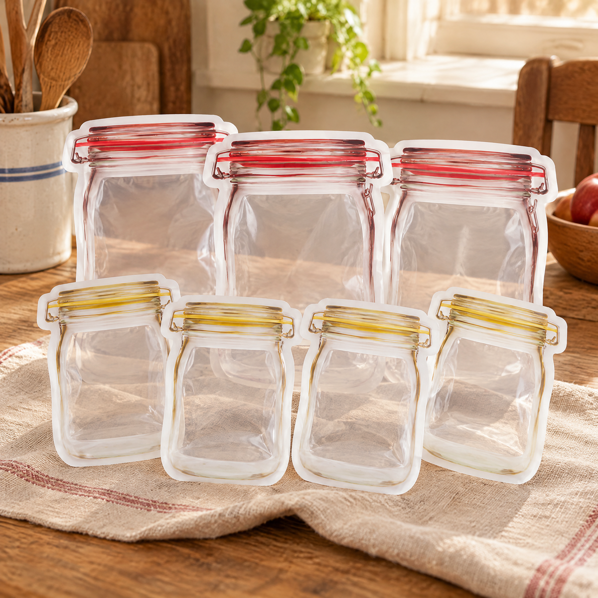 Keep Seven Jar-Print Storage Bags detail: Seven flexible bags showing printed lids and top closing strips
