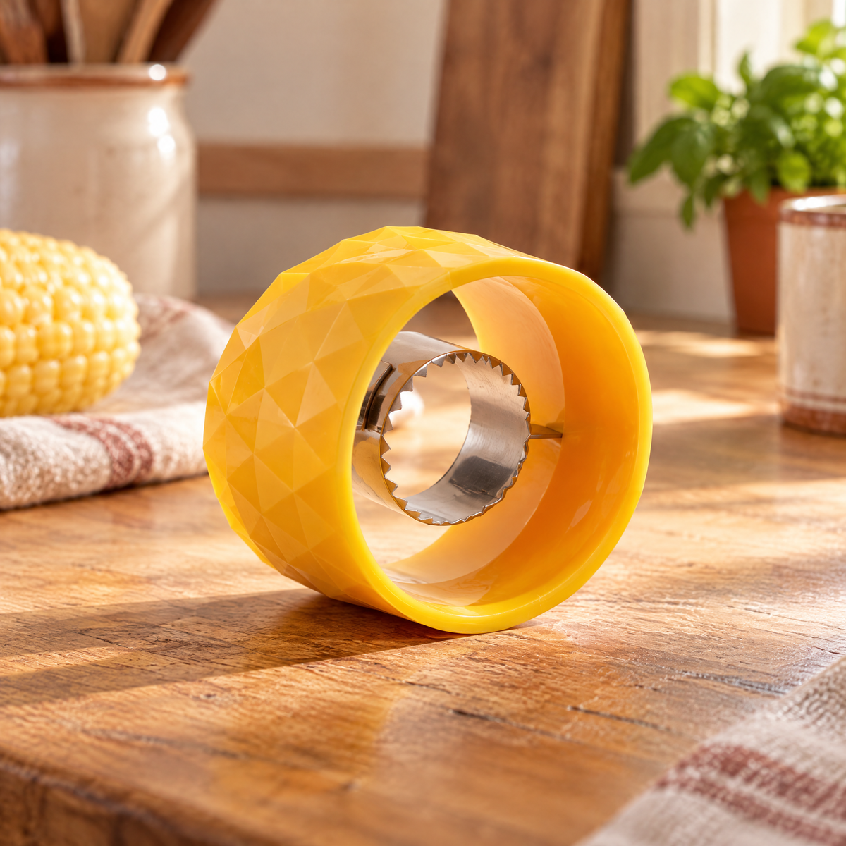 Kernel Yellow Ring Corn Peeler hero: Kernel Yellow Ring Corn Peeler: whole single yellow ring tool