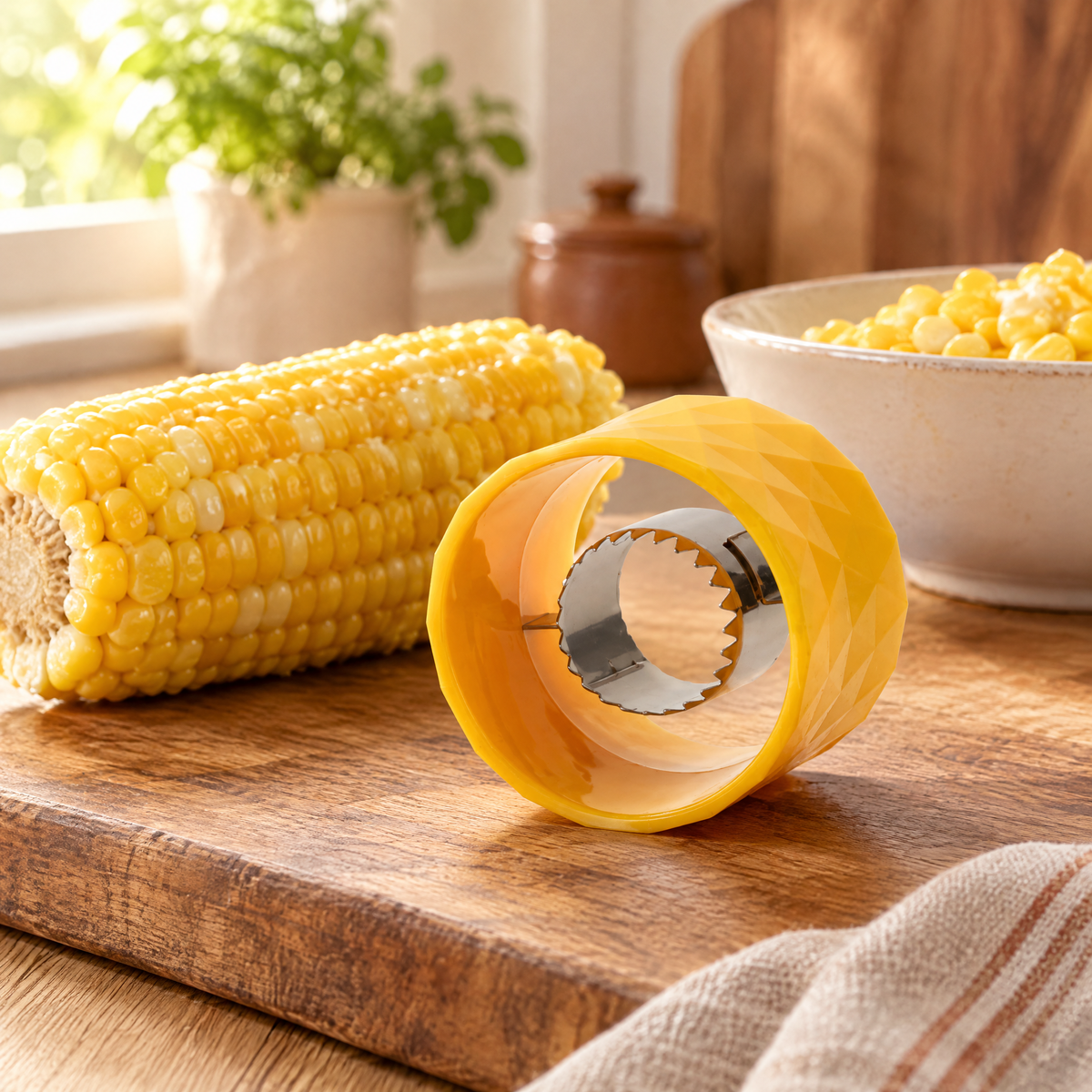 Kernel Yellow Ring Corn Peeler story: Kernel Yellow Ring Corn Peeler: corn before the serving idea
