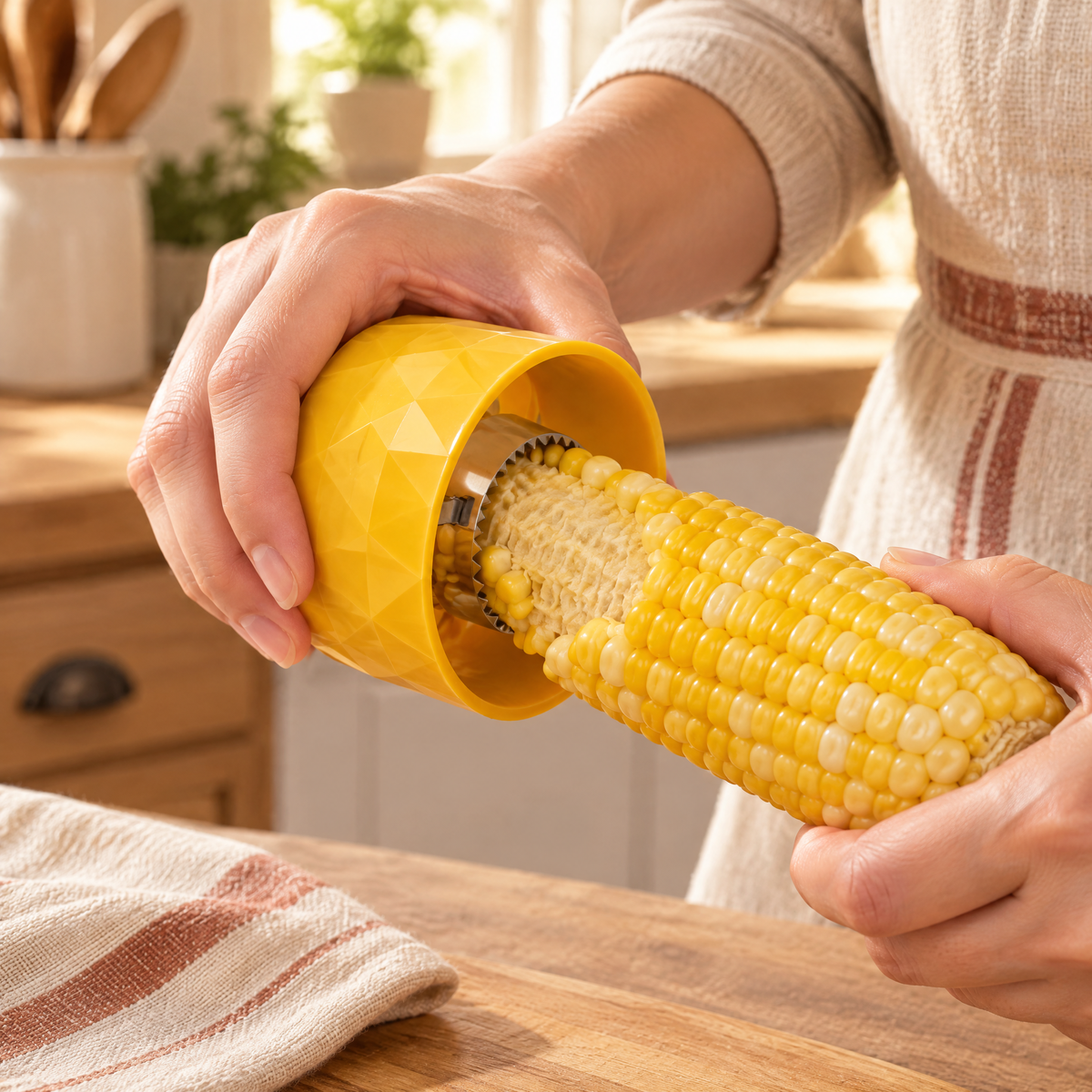 Kernel Yellow Ring Corn Peeler use: Kernel Yellow Ring Corn Peeler: a short hand-guided corn pass