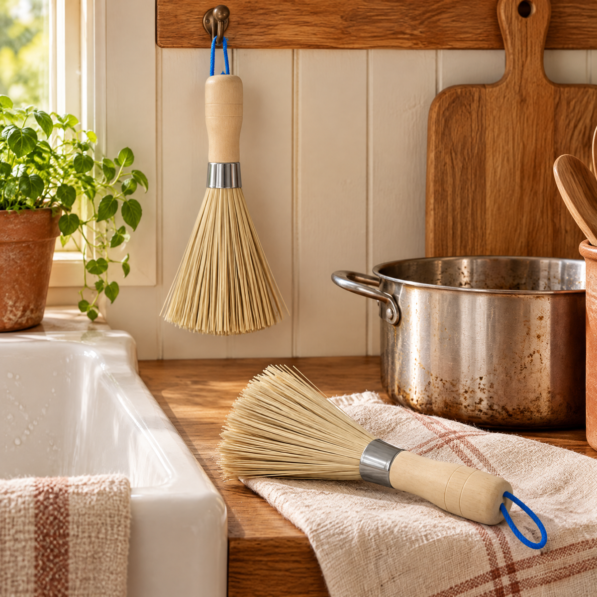 Kindred Bamboo Brush Pair story: Kindred brush pair beside a steel pot in a warm kitchen