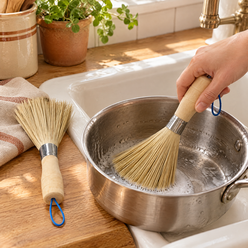 Kindred Bamboo Brush Pair use: One Kindred brush guided inside a steel pot, with the second brush nearby