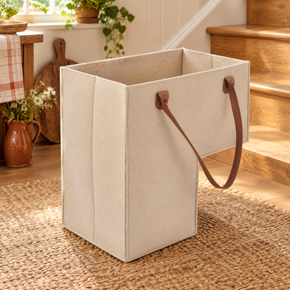 Landing Stair Basket detail: Landing’s stepped underside and two handles