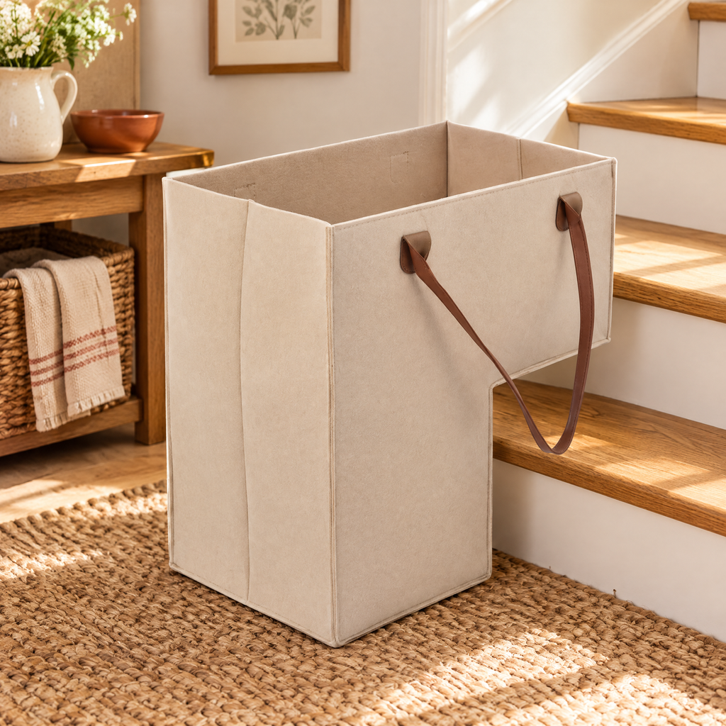 Landing Stair Basket hero: Landing’s beige felt and actual stepped lower profile