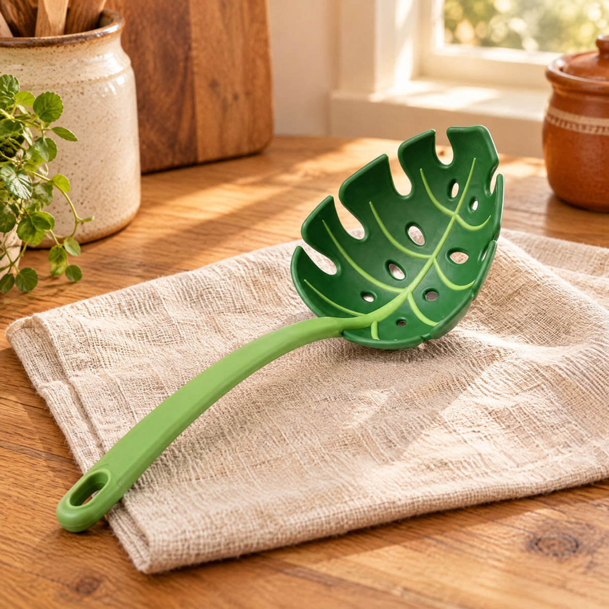 Leaf Pasta Serving Spoon hero: Leaf Pasta Serving Spoon: whole green leaf spoon