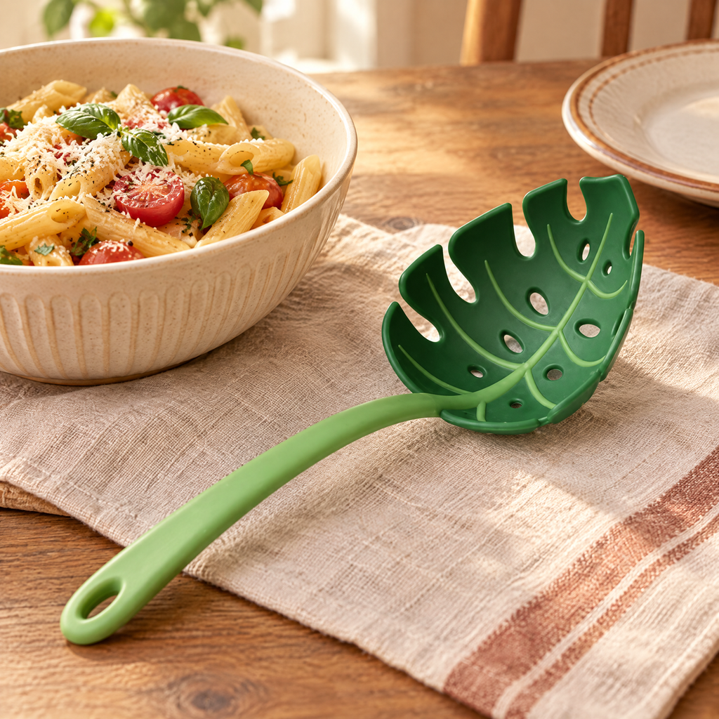 Leaf Pasta Serving Spoon story: Leaf Pasta Serving Spoon: a playful pasta-serving moment