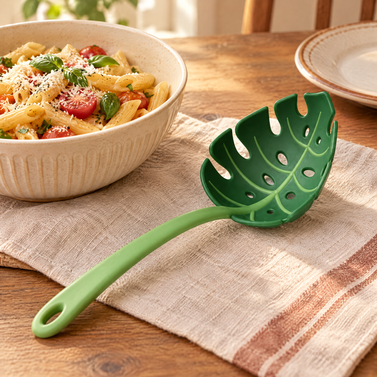 Leaf Pasta Serving Spoon story: Leaf Pasta Serving Spoon: a playful pasta-serving moment