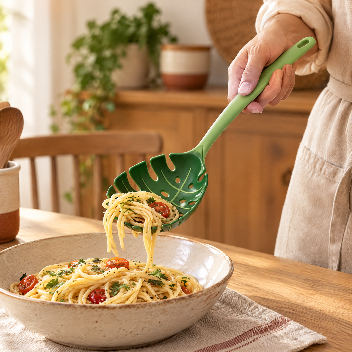 Leaf Pasta Serving Spoon use: Leaf Pasta Serving Spoon: a modest scoop over the bowl