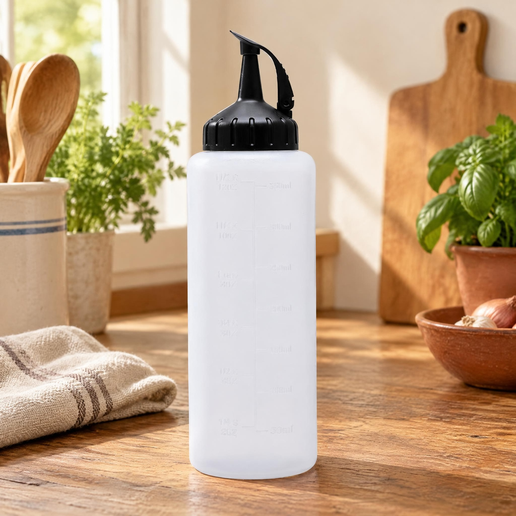 Line Sauce Squeeze Bottle detail: Line Sauce Squeeze Bottle: actual nozzle and tethered cover