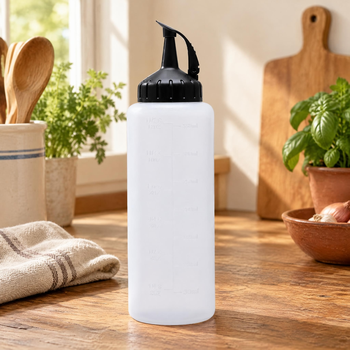 Line Sauce Squeeze Bottle detail: Line Sauce Squeeze Bottle: actual nozzle and tethered cover