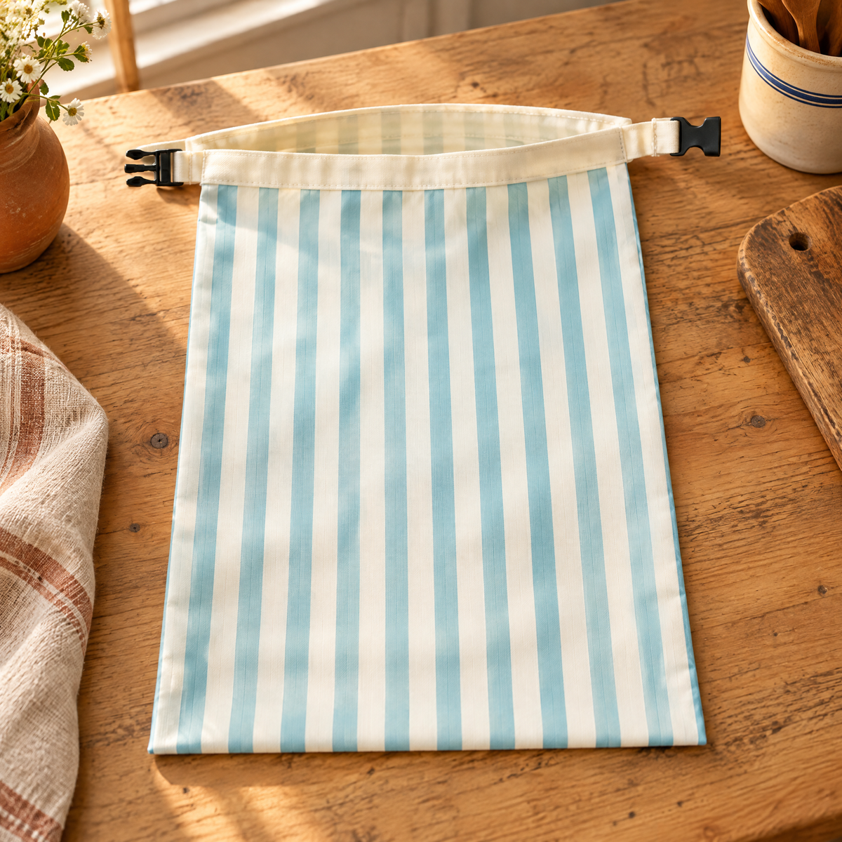 Loaf Striped Bread Bag detail: The complete Loaf bag showing its top band and pale lining
