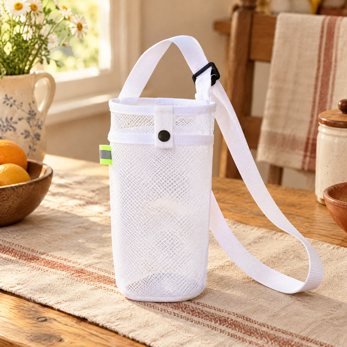 Loop Mesh Bottle Carrier detail: The whole Loop sling showing mesh, snap tab and strap slider