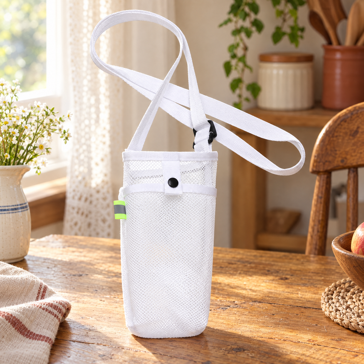 Loop Mesh Bottle Carrier hero: Complete white Loop mesh bottle sling with adjustable strap