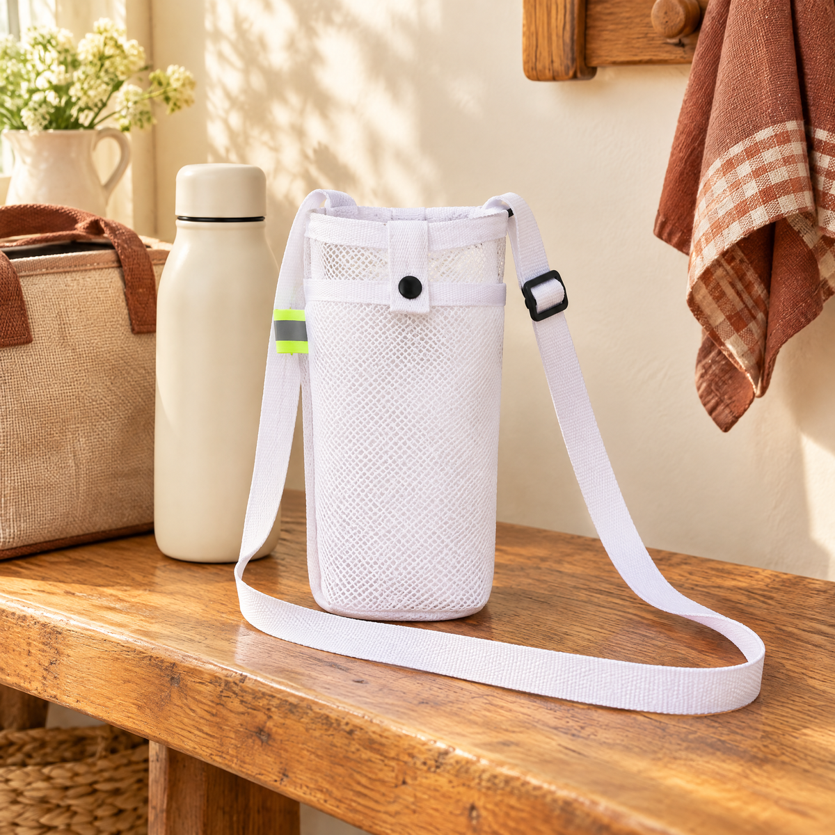 Loop Mesh Bottle Carrier story: Loop sleeve carrying an example closed bottle beside a packed lunch bag
