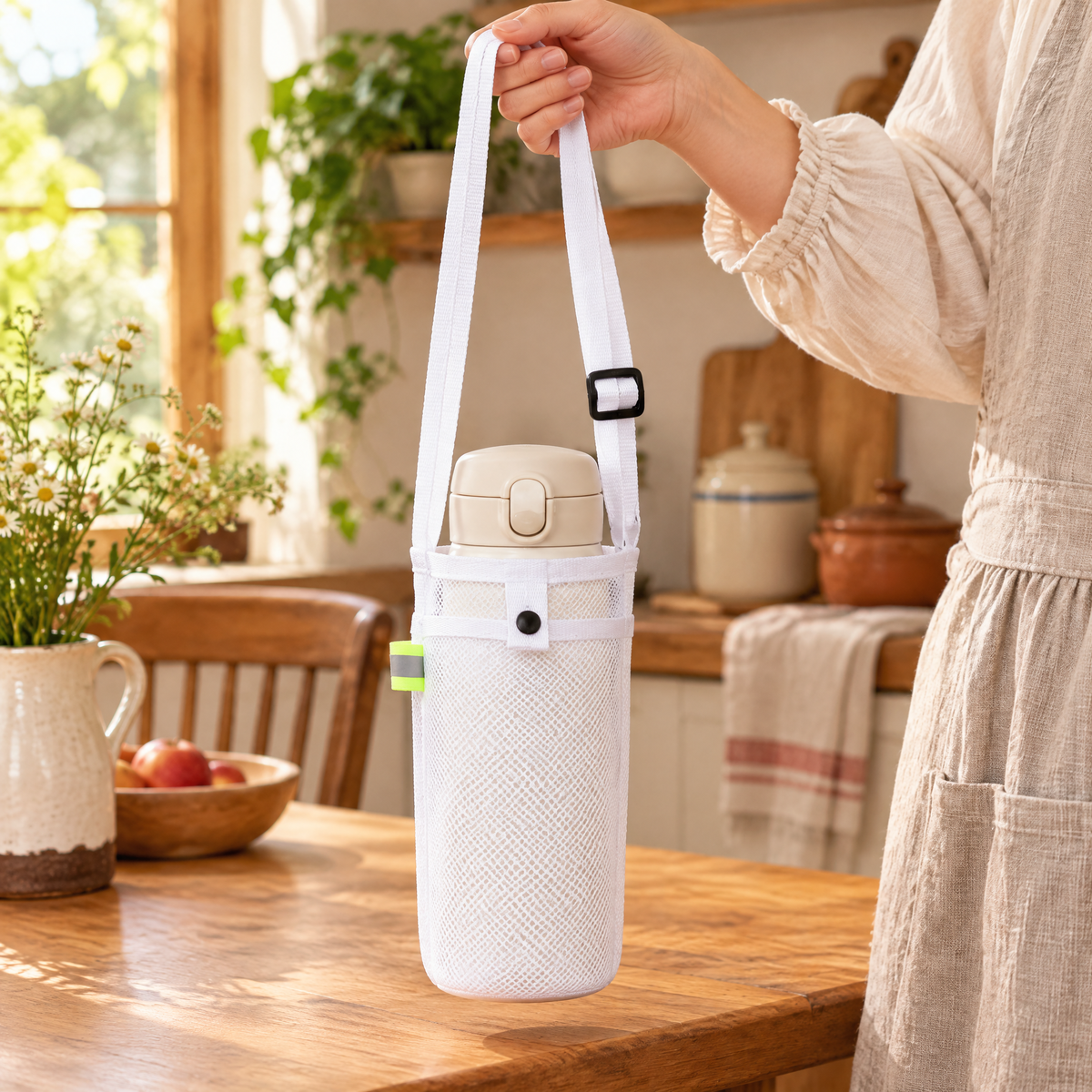 Loop Mesh Bottle Carrier use: One hand holding Loop strap while a suitable closed bottle sits supported in the sleeve