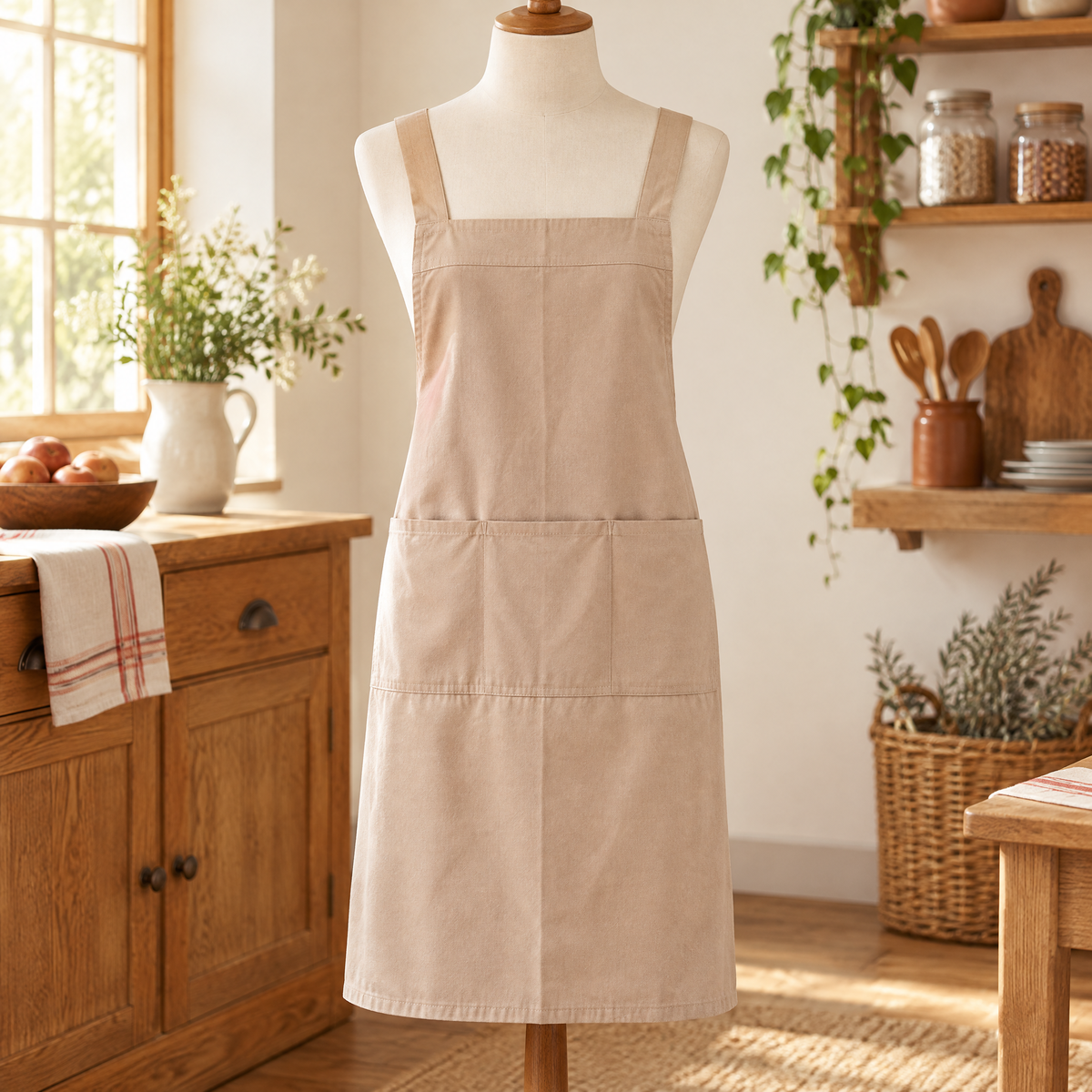Mabel Pocket Apron hero: Mabel khaki apron with three adjacent front pockets