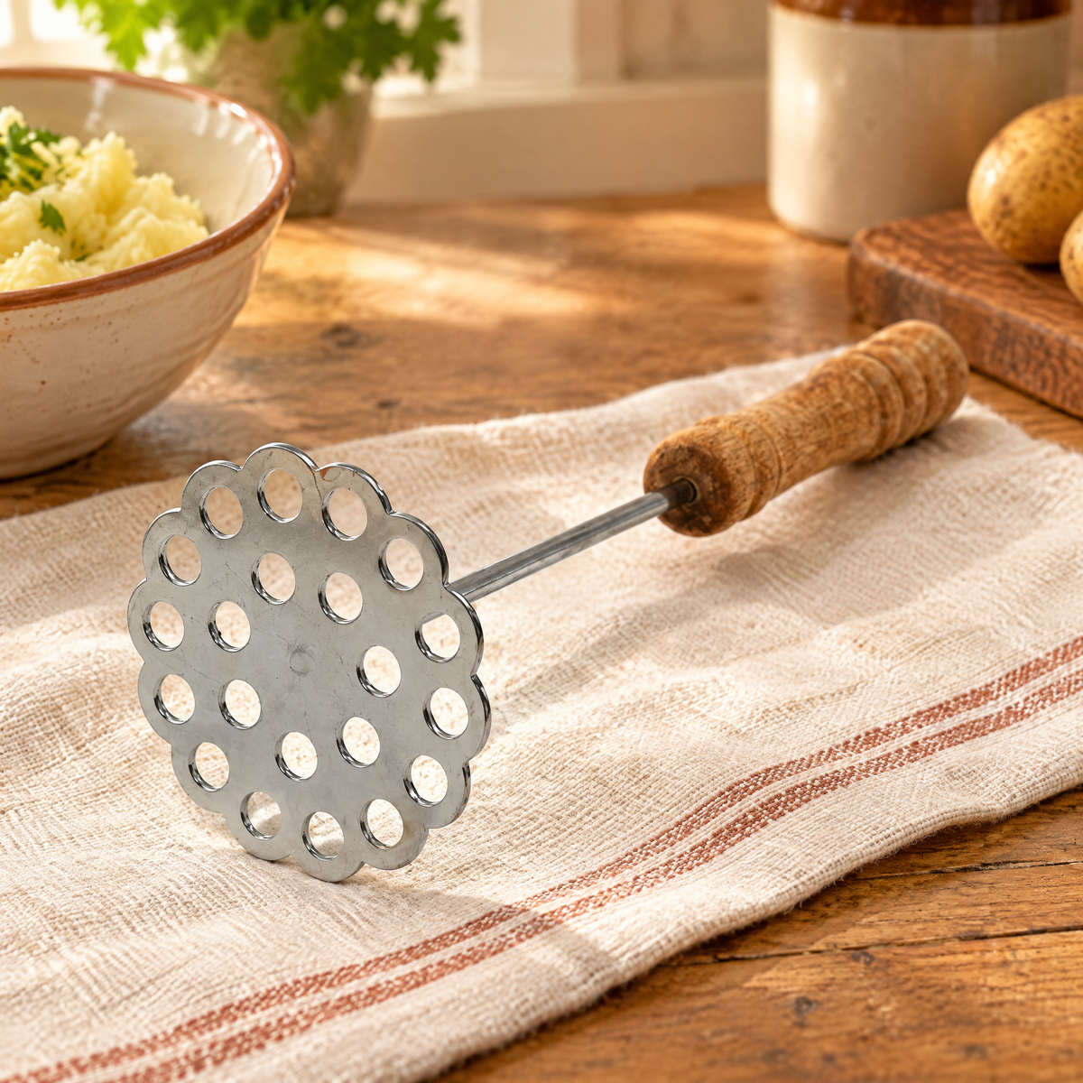 Mash Wooden-Handle Potato Masher detail: Mash round perforated plate and wooden handle