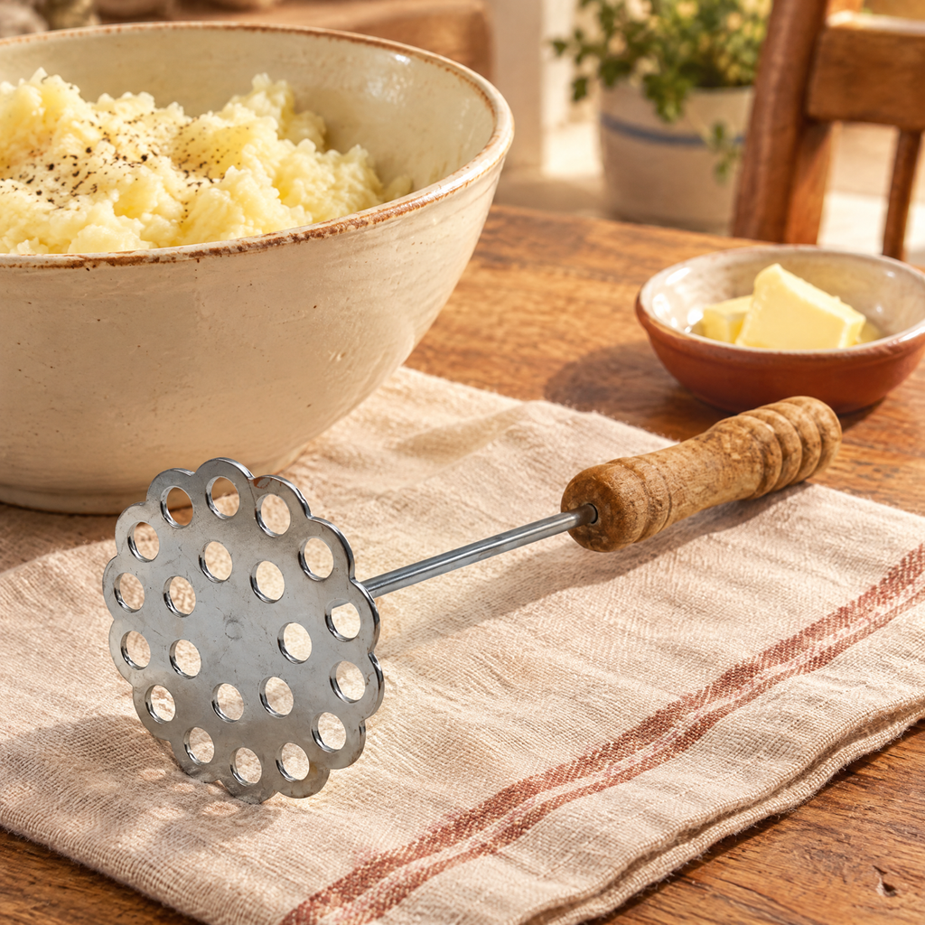 Mash Wooden-Handle Potato Masher story: Mash beside softened potatoes ready for a recipe