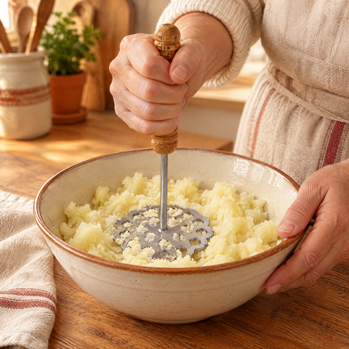 Mash Wooden-Handle Potato Masher use: Mash pressing softened cooked potatoes in a stable bowl