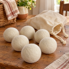 Meadow Wool Dryer Ball Set detail: Felted wool texture of the six Meadow balls