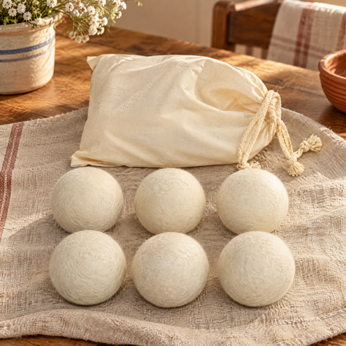 Meadow Wool Dryer Ball Set hero: Six Meadow cream wool balls and one cotton bag