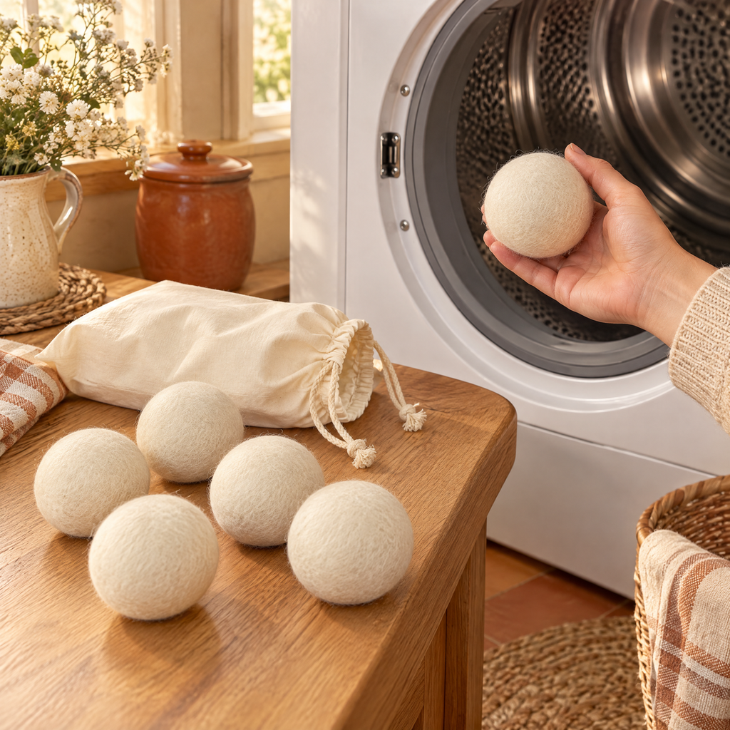 Meadow Wool Dryer Ball Set use: One Meadow ball held beside a stationary dryer, with five others nearby