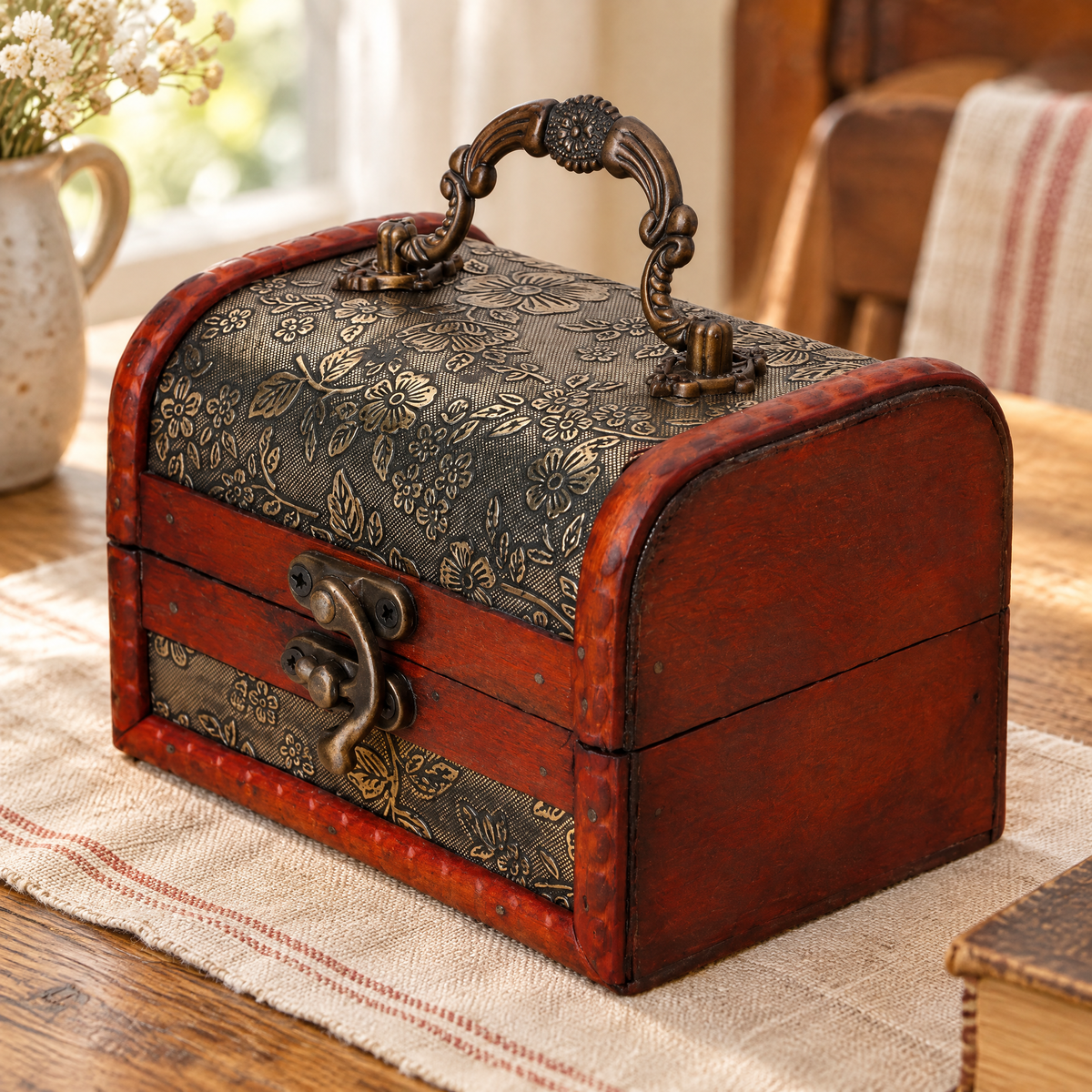Memory Keepsake Box detail: Memory’s actual floral ornament and front clasp