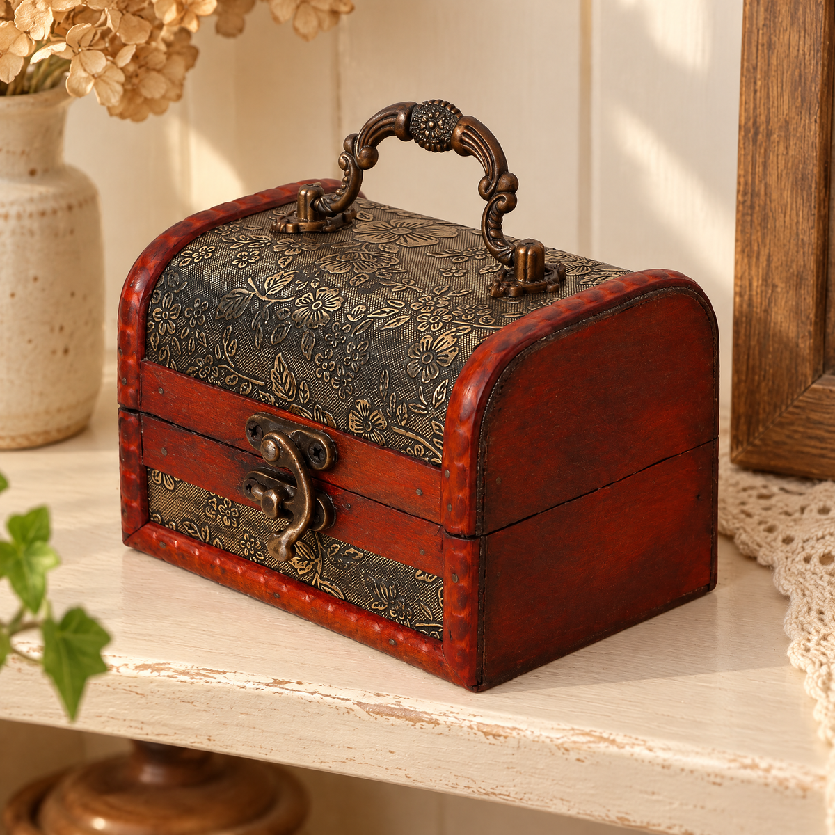 Memory Keepsake Box hero: Memory’s complete floral lid, handle and clasp