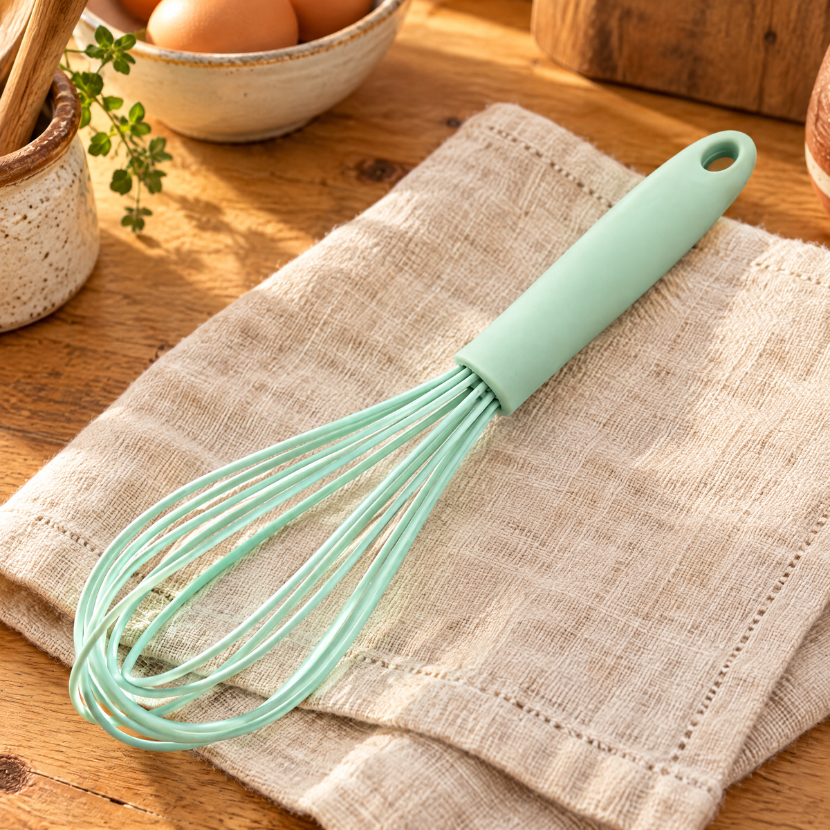 Mint Silicone-Covered Whisk hero: Mint light-green manual balloon whisk