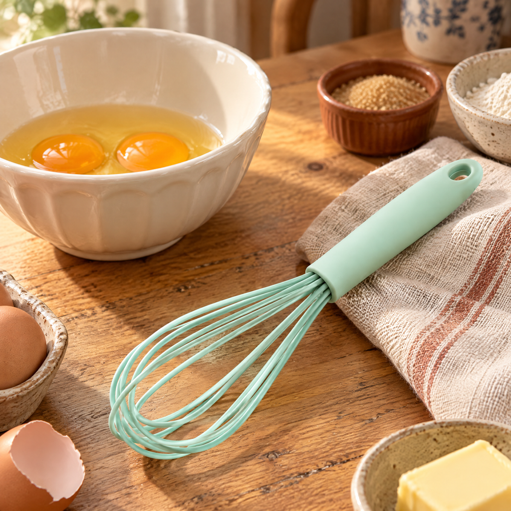 Mint Silicone-Covered Whisk story: Mint beside eggs ready for a light mixing step