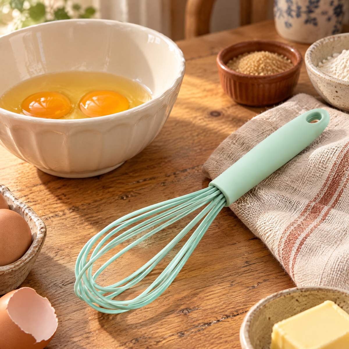 Mint Silicone-Covered Whisk story: Mint beside eggs ready for a light mixing step